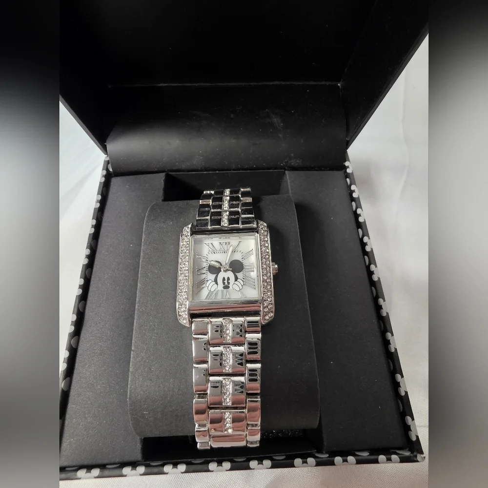 Disney Accutime Mickey Mouse Crystal Embellished Silvertone Link Bracelet Watch